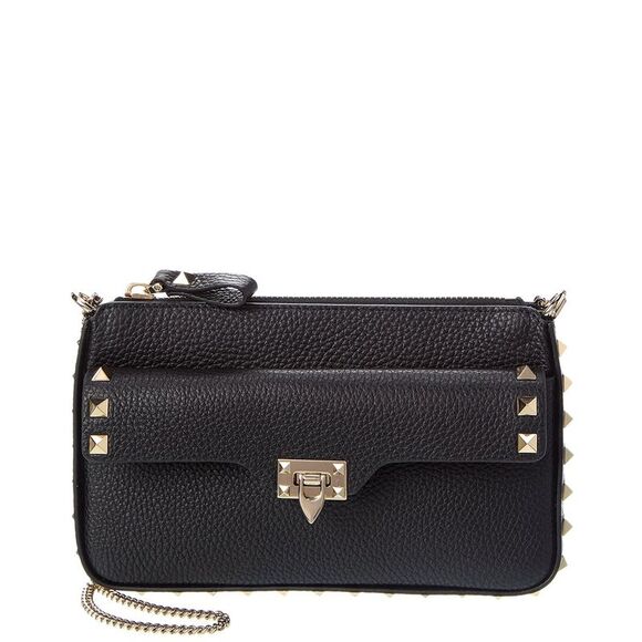 Rockstud Grainy Calfskin Wallet On Chain - Black